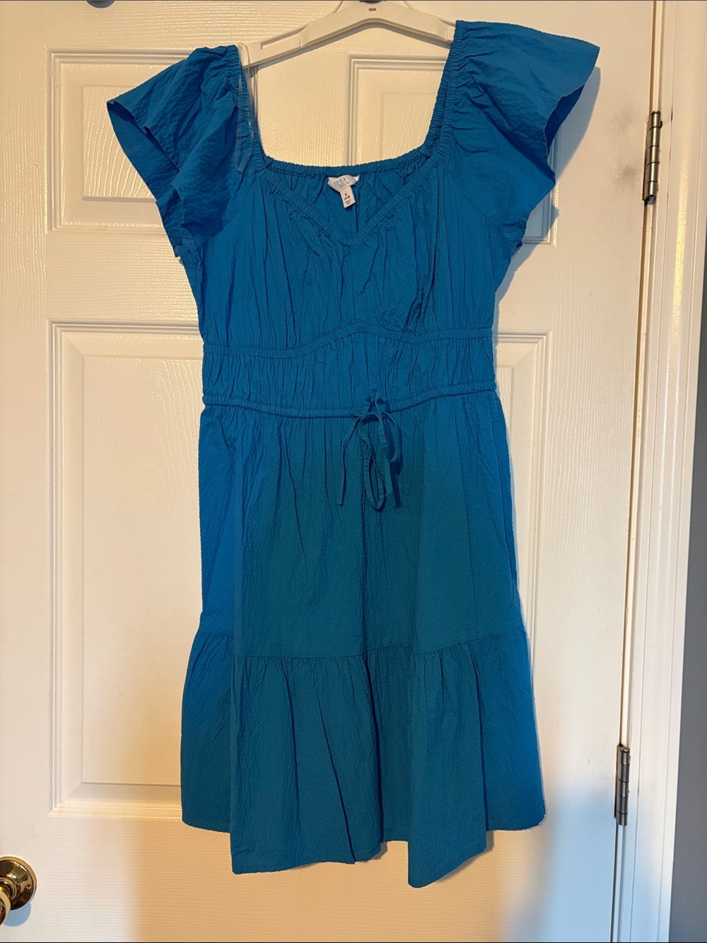 Time and Tru Bright Blue Tiered Dress with Flutter Sleeves
